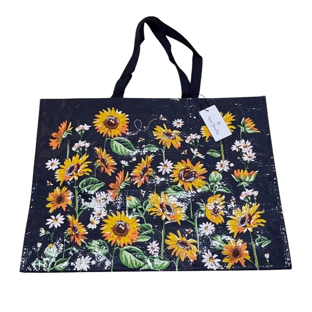 Vera Bradley Market Tote Sunflowers Daisies Bees Navy Blue Reusable Large NWT